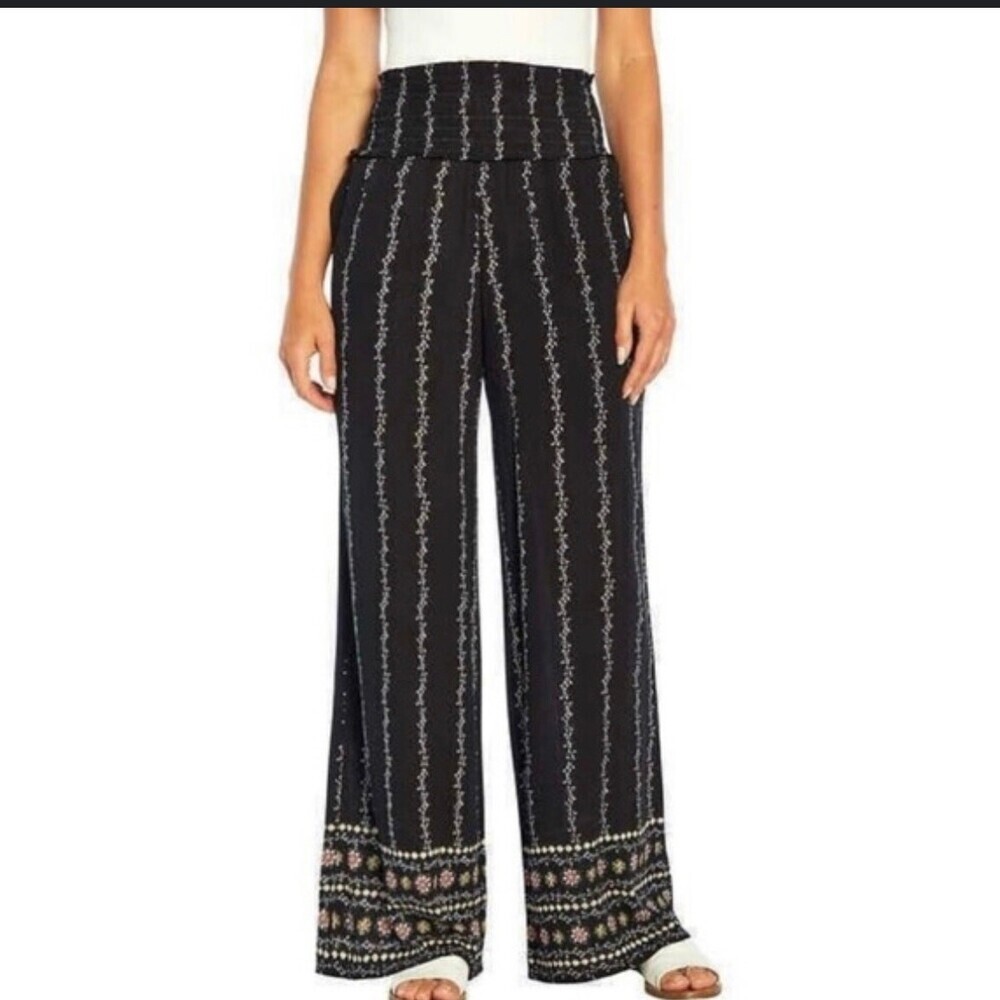 Three Dots Ladies Bohemian Crinkle Pants Black & White wide leg Size SM